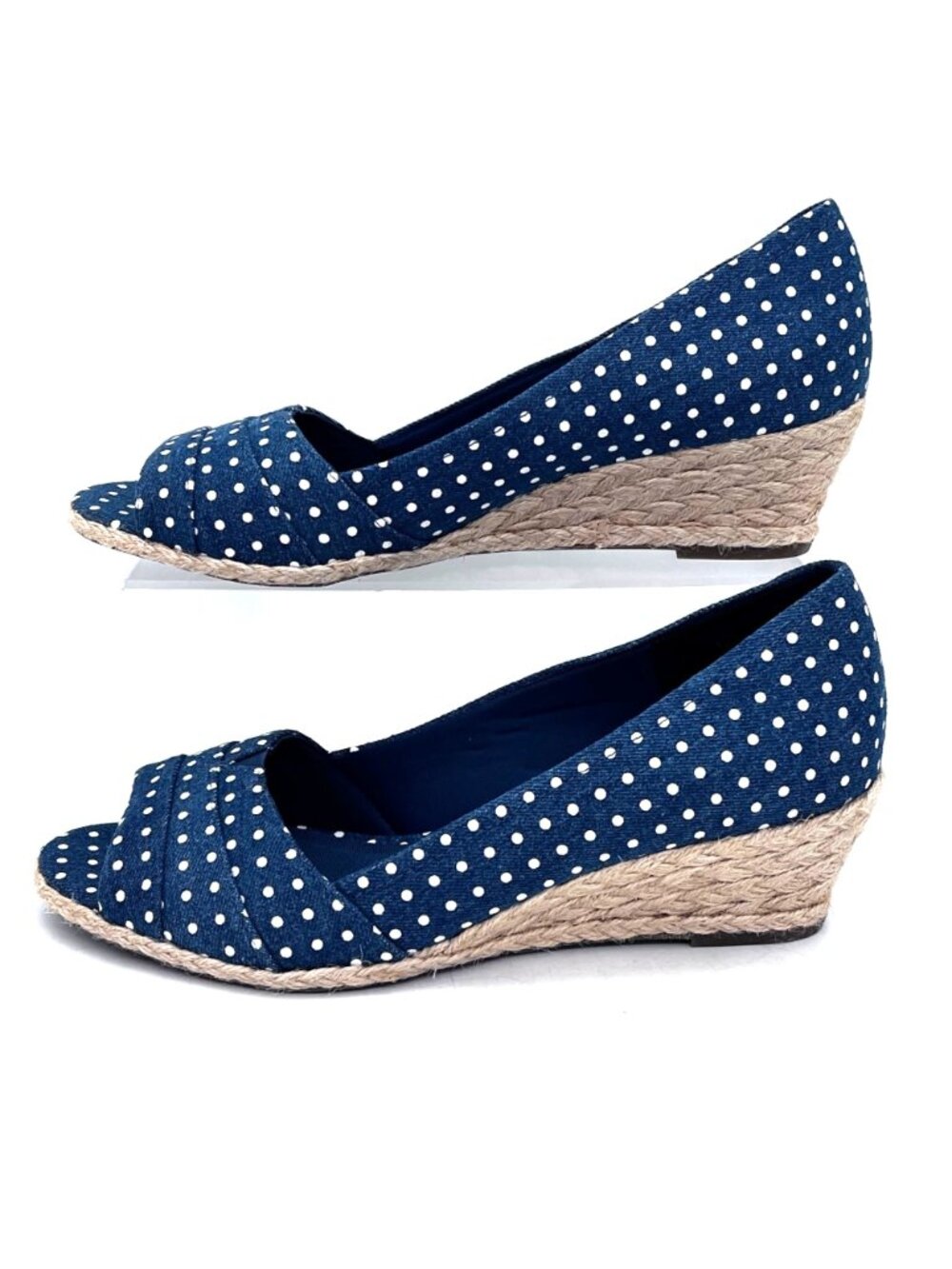 Amelia Grace Blue Polka Dot Open-Toe Wedge Shoes Braid Rope Detail Womens 9.5 - Picture 9 of 13